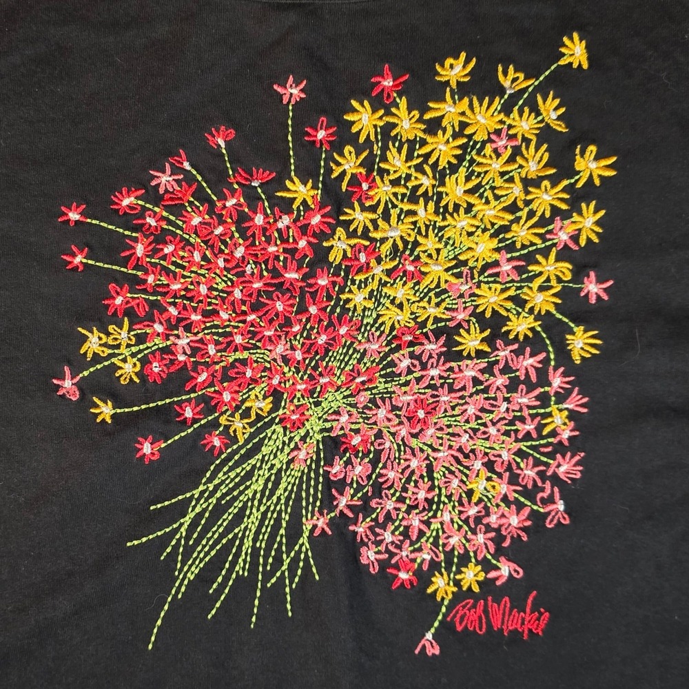 Bob Mackie Wearable‎ Art Black Cotton Embroidered Floral T-Shirt Womens Large